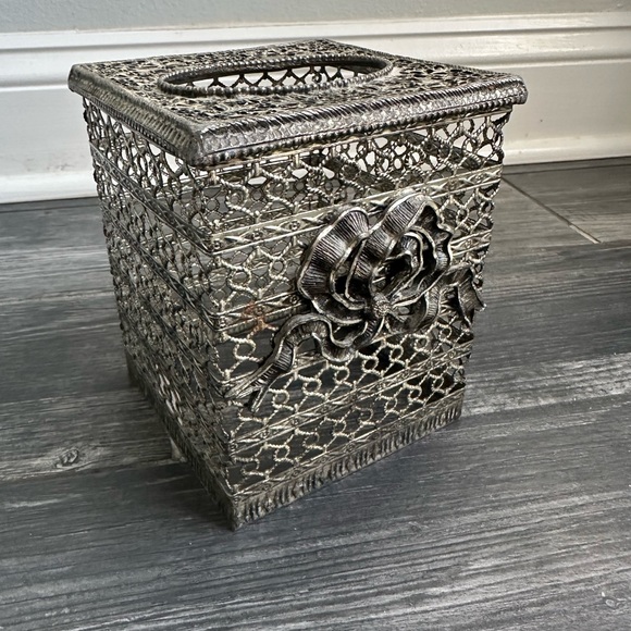 Vintage Metal Tissue Box CoverSquare  Goldish Charcoal Home  Bathroom Decor - Picture 3 of 9